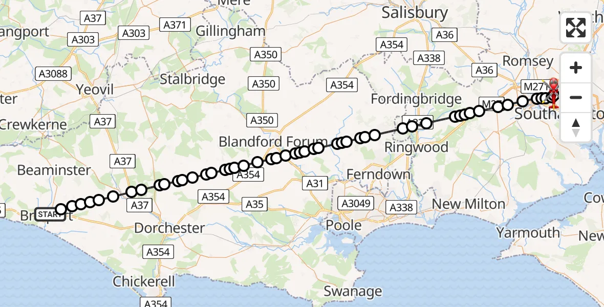 Flight route Air Ambulance Helicopter Bridport - University Hospital Southampton, 10 May 2026, 22:51
