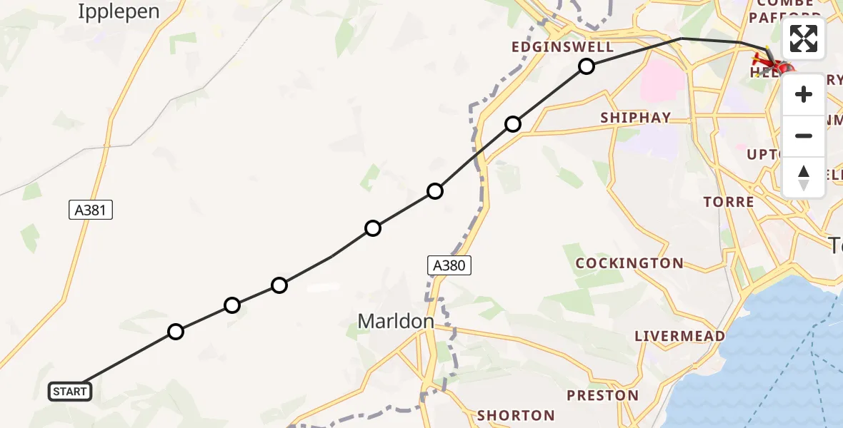 Flight route Air Ambulance Helicopter Littlehempston - Torquay, 10 May 2026, 22:55