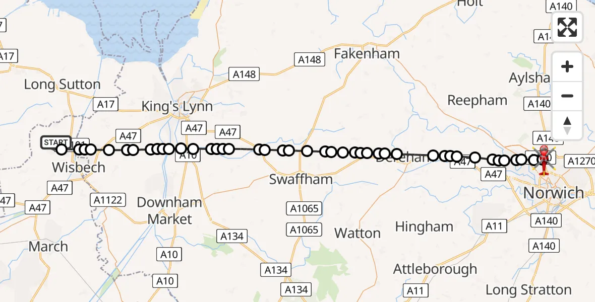 Flight route Air Ambulance Helicopter Newton - Norwich Airport, 10 May 2026, 22:59