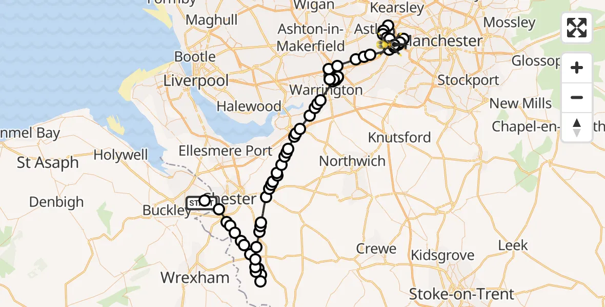 Flight route Police Helicopter Hawarden Airport - Manchester Barton Aerodrome, 10 May 2026, 23:07