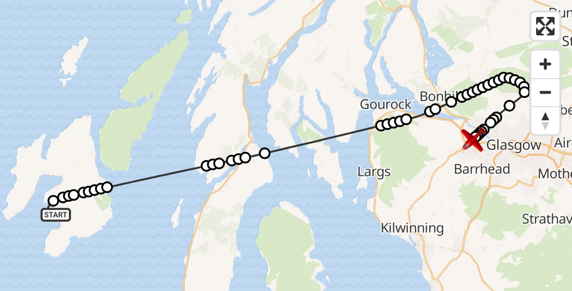 Flight route Air Ambulance Aircraft Inner Seas - Glasgow Airport, 10 May 2026, 23:17