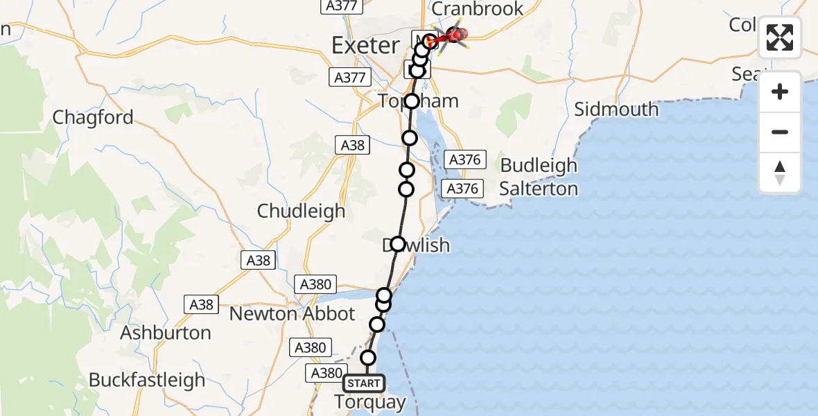 Flight route Air Ambulance Helicopter Torquay - Clyst Honiton, 10 May 2026, 23:18
