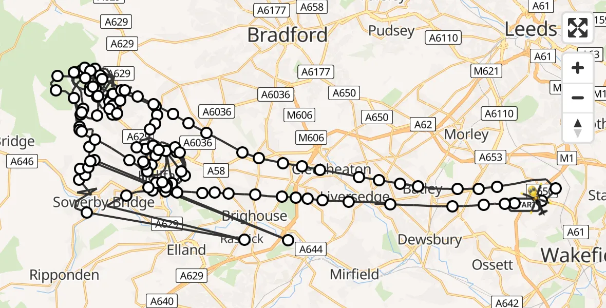 Flight route Police Helicopter East Ardsley - East Ardsley, 10 May 2026, 23:36