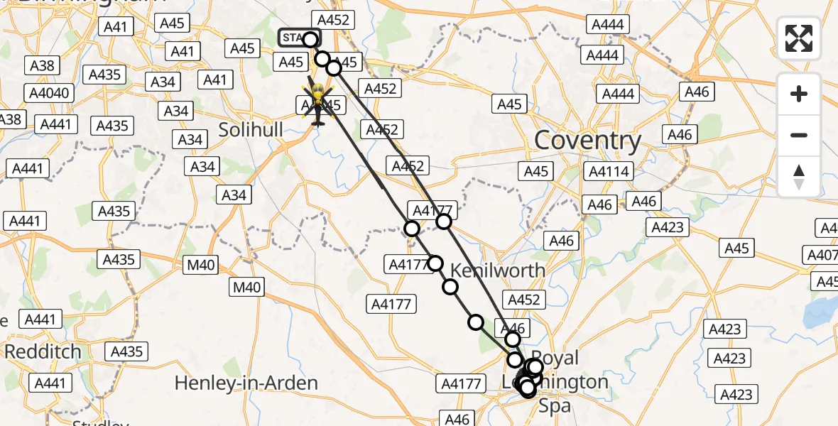 Flight route Police Helicopter Birmingham Airport - Solihull, 10 May 2026, 23:51