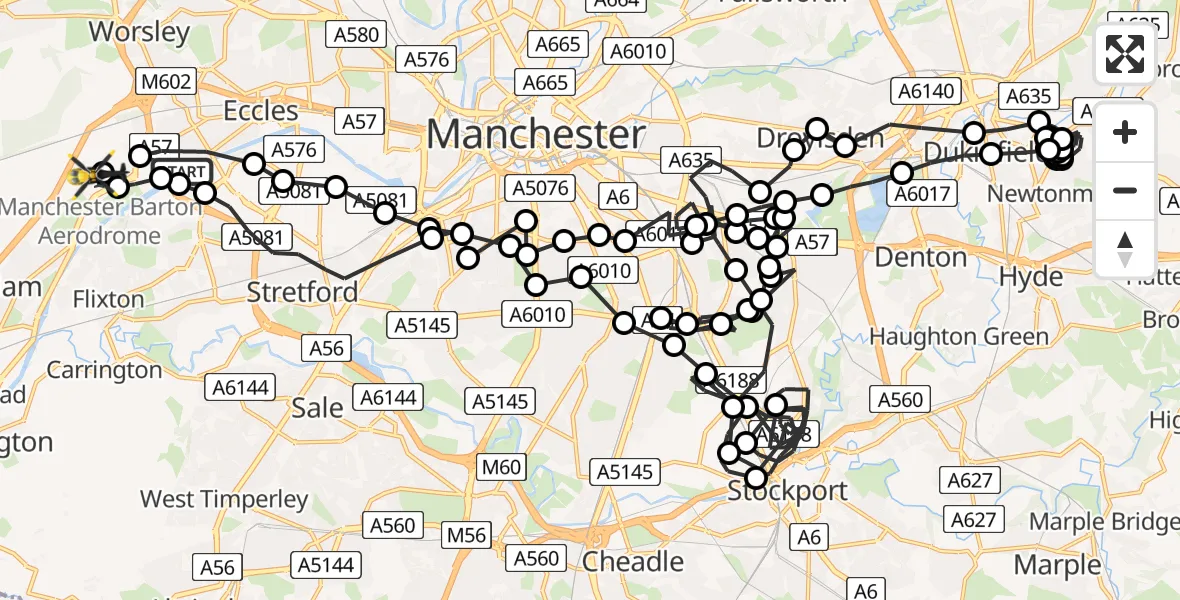 Flight route Police Helicopter Eccles - Manchester Barton Aerodrome, 11 May 2026, 00:13