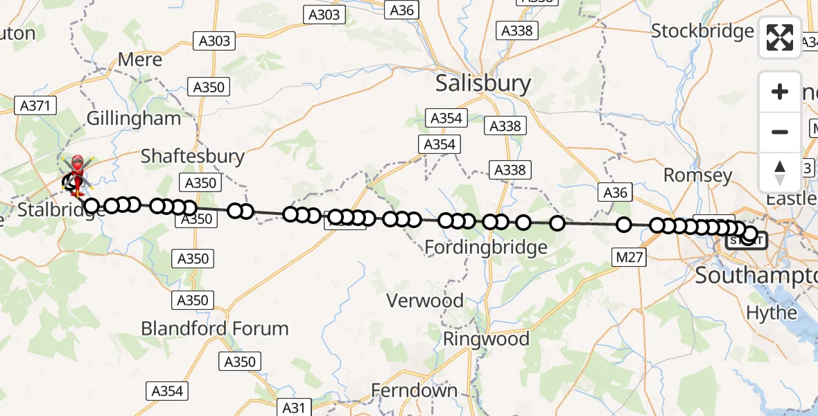 Flight route Air Ambulance Helicopter University Hospital Southampton - Henstridge Airfield, 11 May 2026, 00:20
