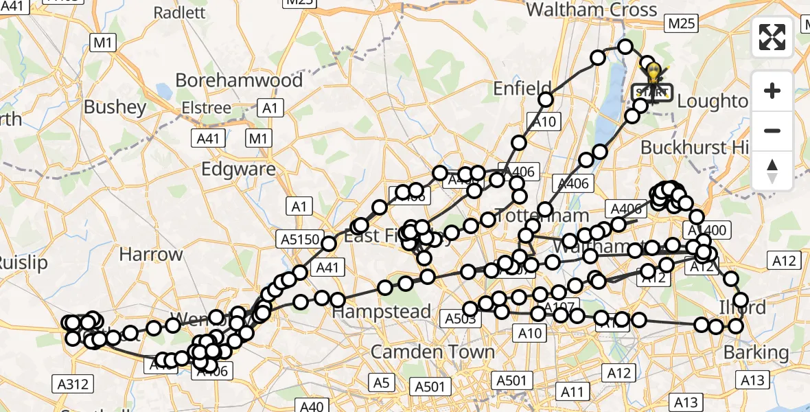 Flight route Police Helicopter Sewardstonebury - Sewardstonebury, 11 May 2026, 00:24