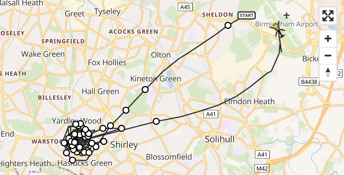 Flight route Police Helicopter Birmingham Airport - Birmingham Airport, 11 May 2026, 00:36