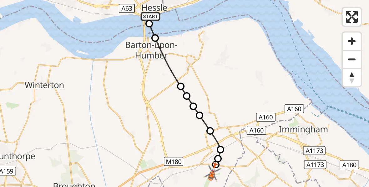 Flight route Coastguard Helicopter Hessle - Humberside Airport, 11 May 2026, 01:42