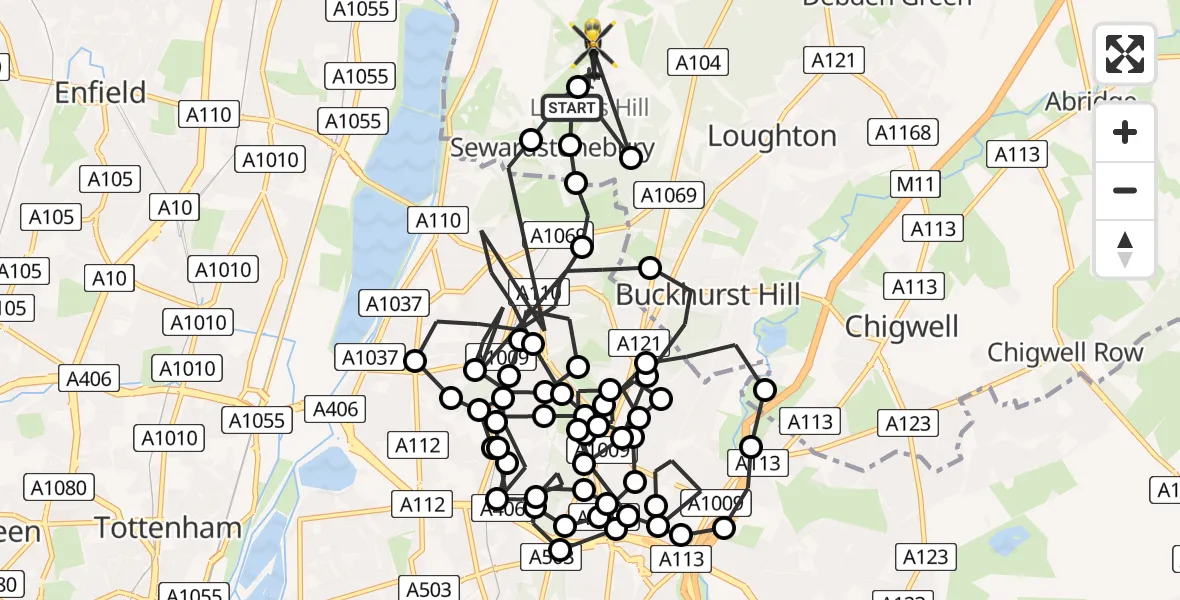 Flight route Police Helicopter Metropolitan Police Air Support Unit Lippitts Hill - Sewardstonebury, 11 May 2026, 02:26