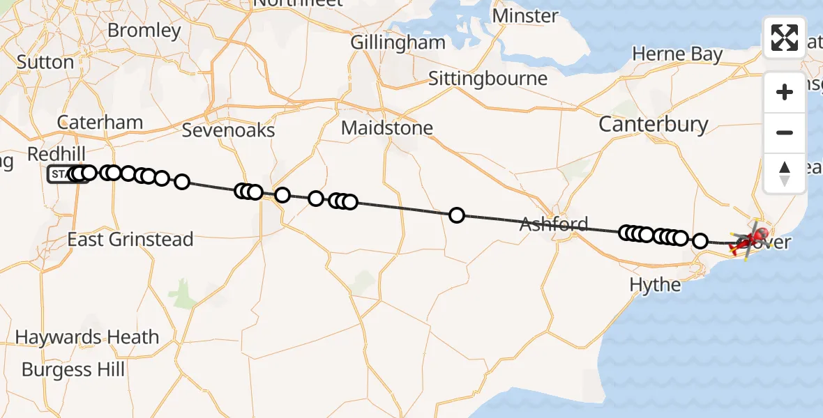 Flight route Air Ambulance Helicopter Redhill Aerodrome - Dover, 11 May 2026, 02:50