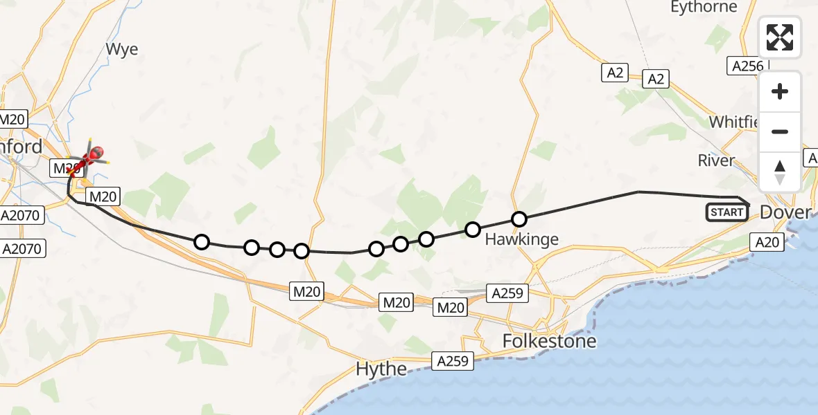 Flight route Air Ambulance Helicopter Dover - Ashford, 11 May 2026, 04:10