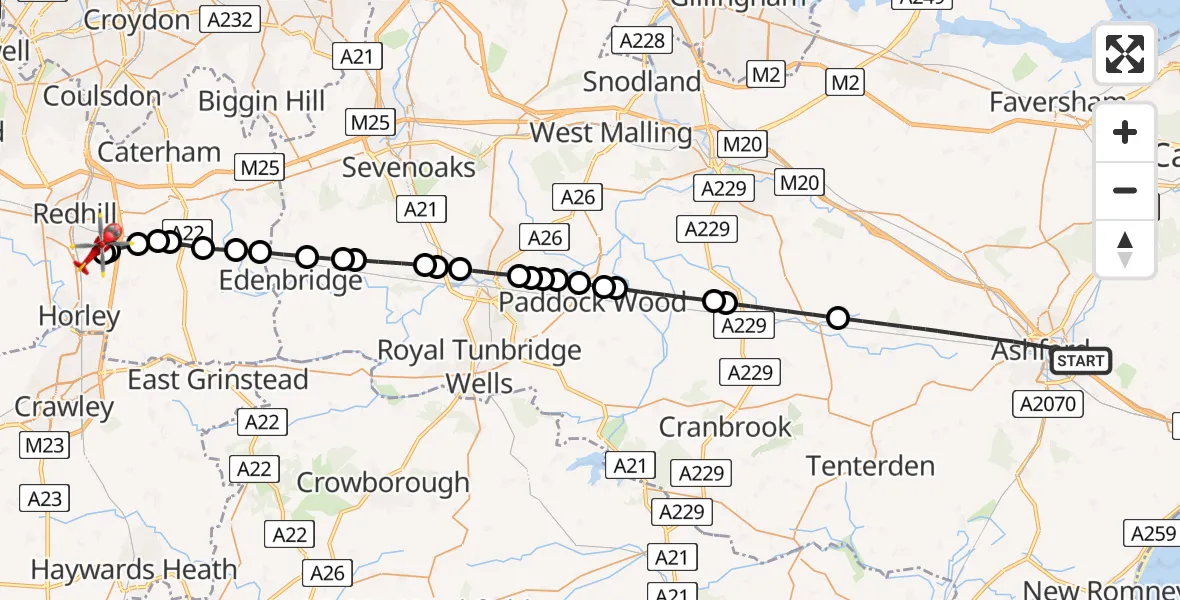 Flight route Air Ambulance Helicopter Ashford - Redhill Aerodrome, 11 May 2026, 05:12