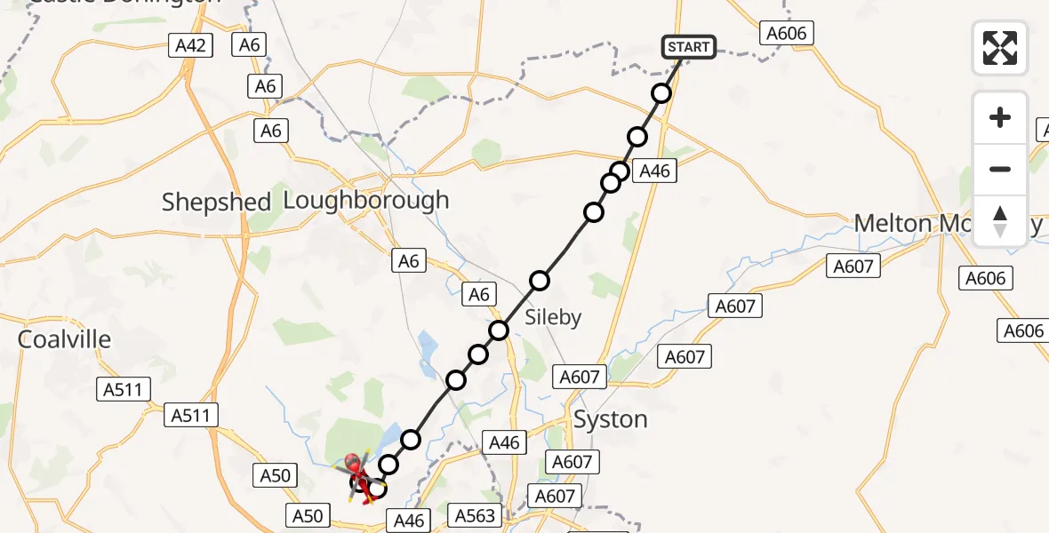 Flight route Air Ambulance Helicopter Rushcliffe - Anstey, 11 May 2026, 06:20