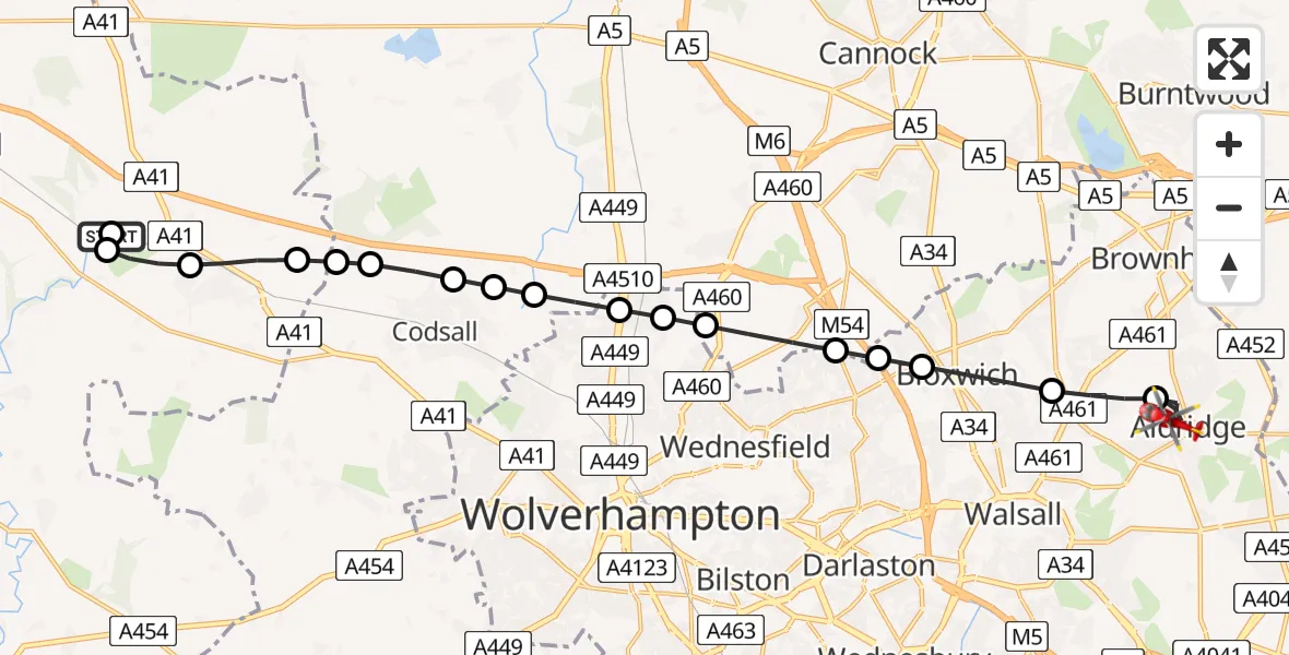 Flight route Air Ambulance Helicopter RAF Cosford - Aldridge, 11 May 2026, 07:10