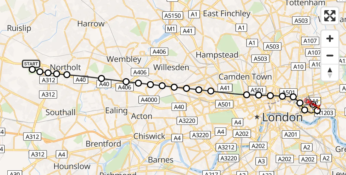 Flight route Air Ambulance Helicopter RAF Northolt - Royal London Hospital, 11 May 2026, 07:14