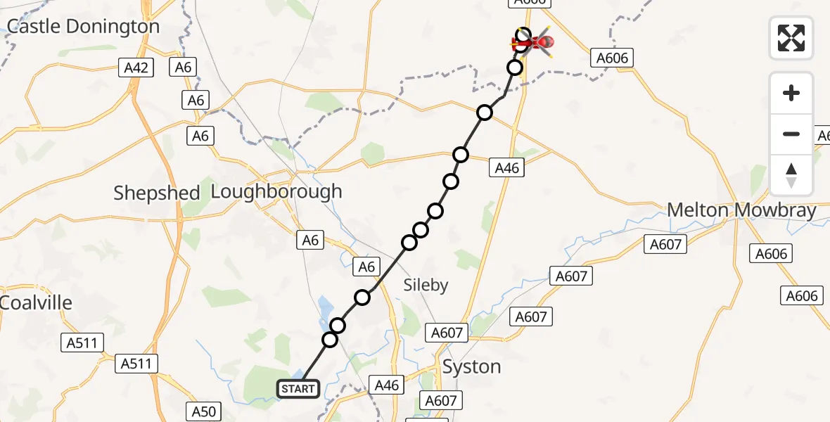 Flight route Air Ambulance Helicopter Cropston - Rushcliffe, 11 May 2026, 07:33