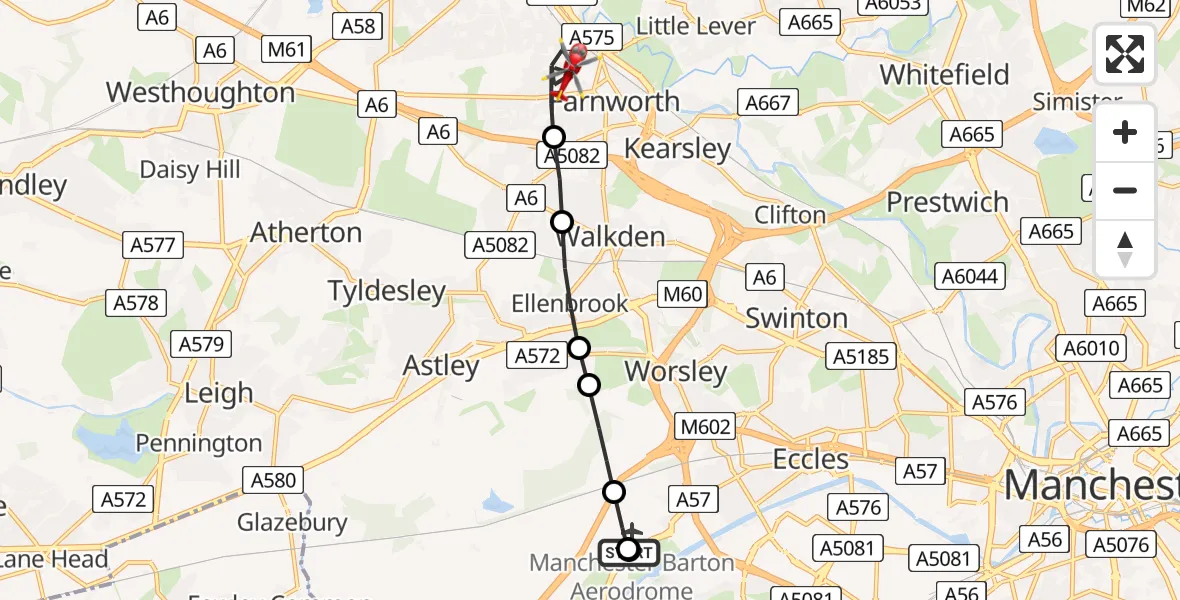 Flight route Air Ambulance Helicopter Manchester Barton Aerodrome - Farnworth, 11 May 2026, 07:35