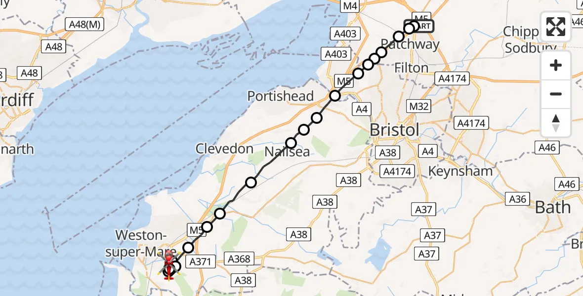 Flight route Air Ambulance Helicopter Almondsbury Helicopter Base - Weston-super-Mare, 11 May 2026, 07:51