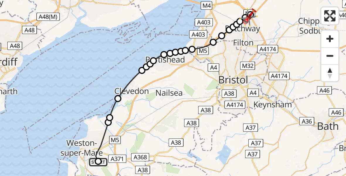 Flight route Air Ambulance Helicopter Hutton - Almondsbury Helicopter Base, 11 May 2026, 08:07