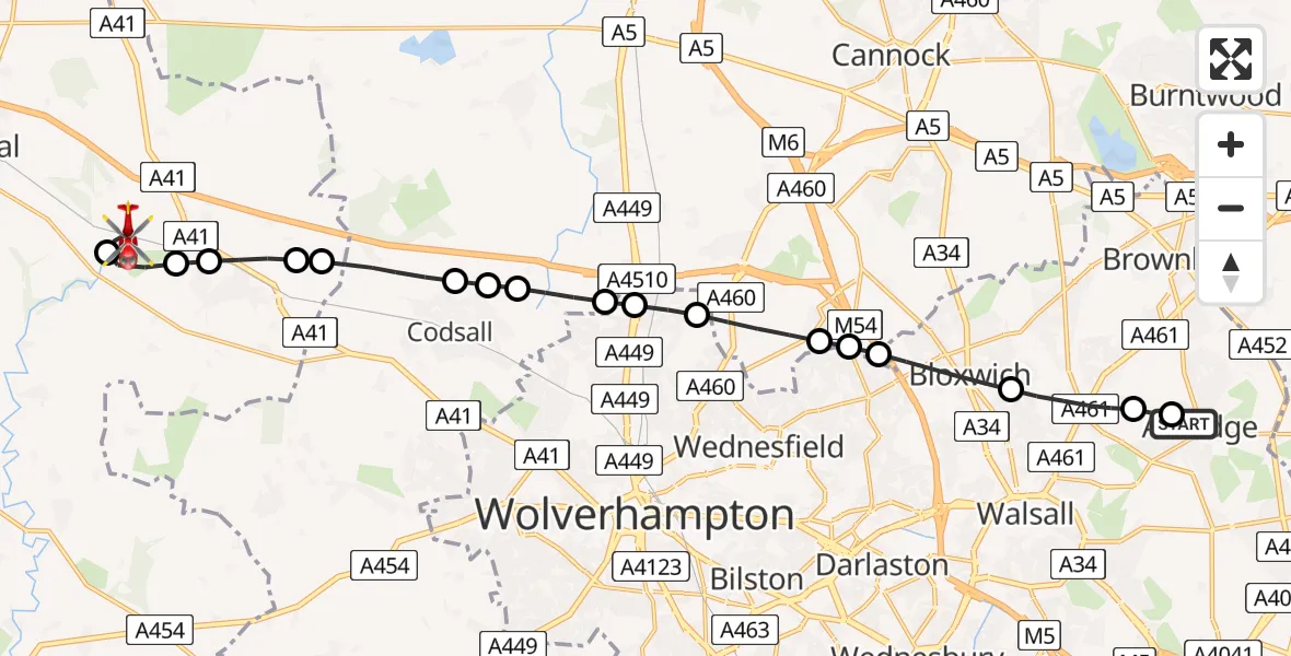 Flight route Air Ambulance Helicopter Aldridge - Cosford, 11 May 2026, 08:19