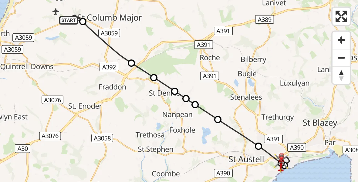 Flight route Air Ambulance Helicopter Cornwall Airport Newquay - St. Austell, 11 May 2026, 08:43