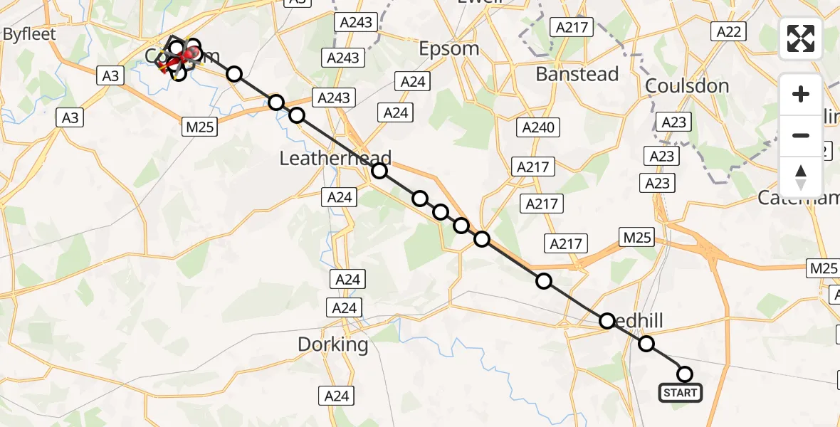 Flight route Air Ambulance Helicopter Redhill Aerodrome - Downside, 11 May 2026, 08:47