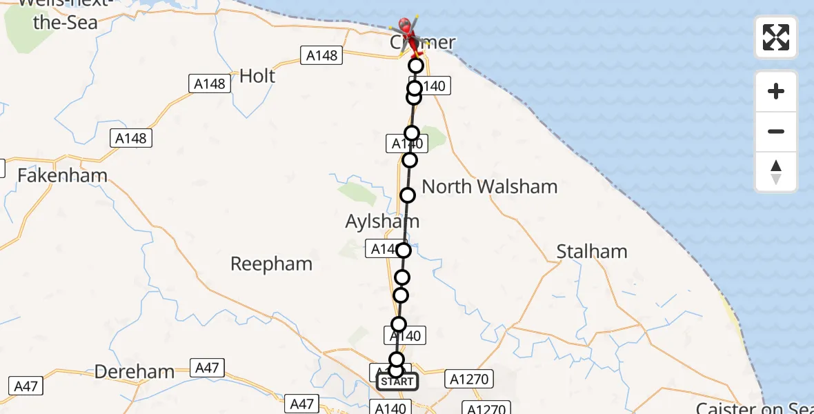 Flight route Air Ambulance Helicopter Norwich Airport - Cromer, 11 May 2026, 08:50