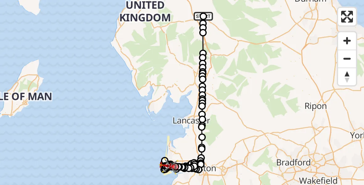 Flight route Air Ambulance Helicopter Edenhall - Blackpool Airport, 11 May 2026, 08:59