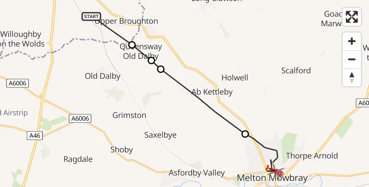 Flight route Air Ambulance Helicopter Upper Broughton - Melton Mowbray, 11 May 2026, 09:04
