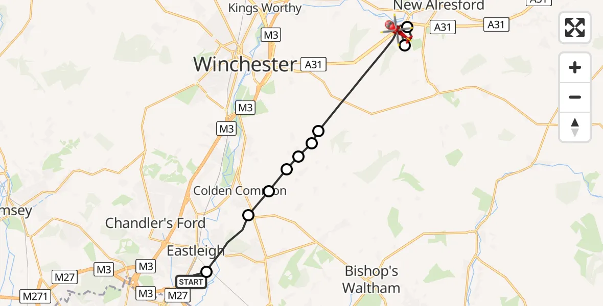 Flight route Air Ambulance Helicopter Southampton Airport - Winchester, 11 May 2026, 09:12