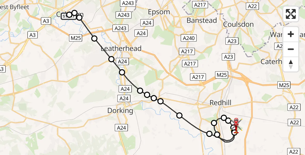 Flight route Air Ambulance Helicopter Cobham - Redhill Aerodrome, 11 May 2026, 09:32