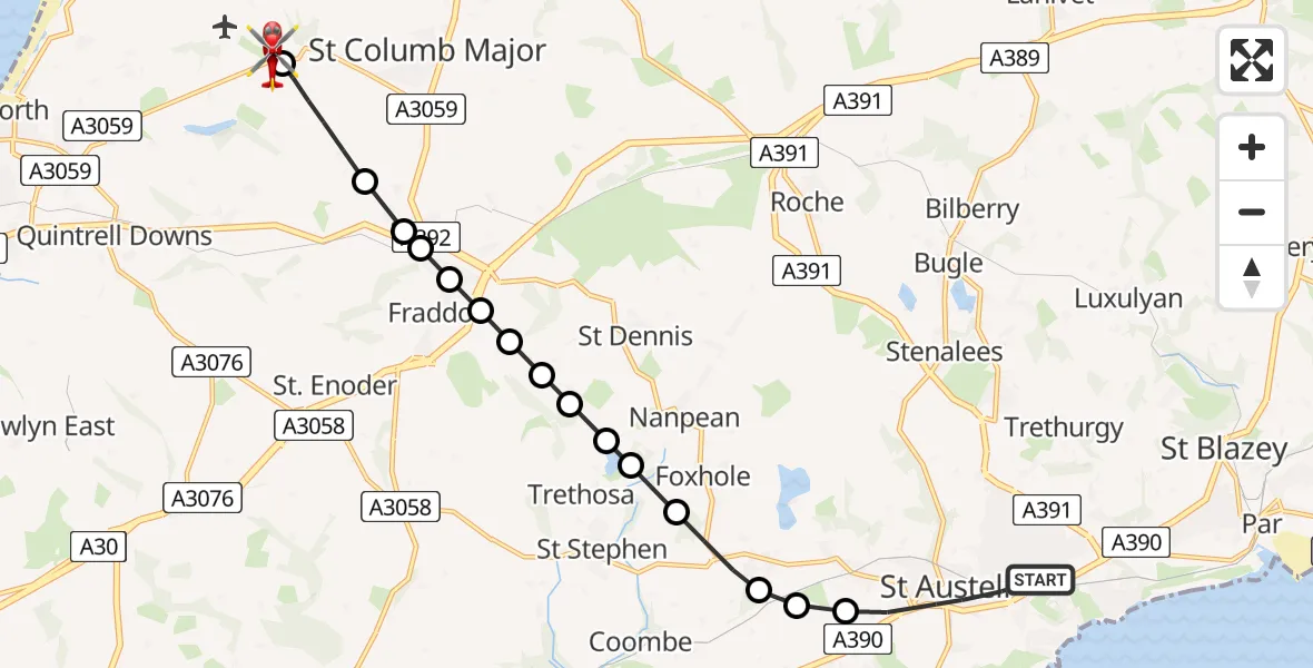 Flight route Air Ambulance Helicopter St. Austell - Cornwall Airport Newquay, 11 May 2026, 09:36