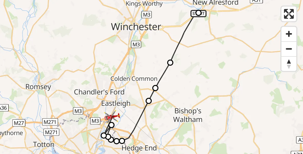 Flight route Air Ambulance Helicopter Tichborne - Southampton Airport, 11 May 2026, 09:38