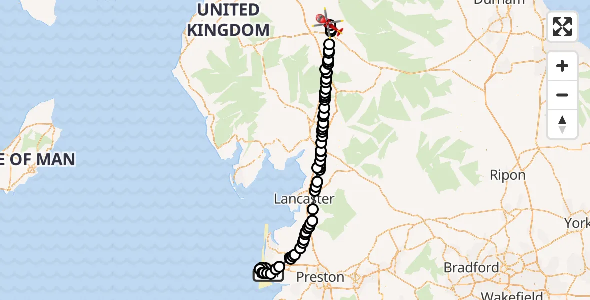 Flight route Air Ambulance Helicopter Blackpool Airport - Skirwith, 11 May 2026, 09:53