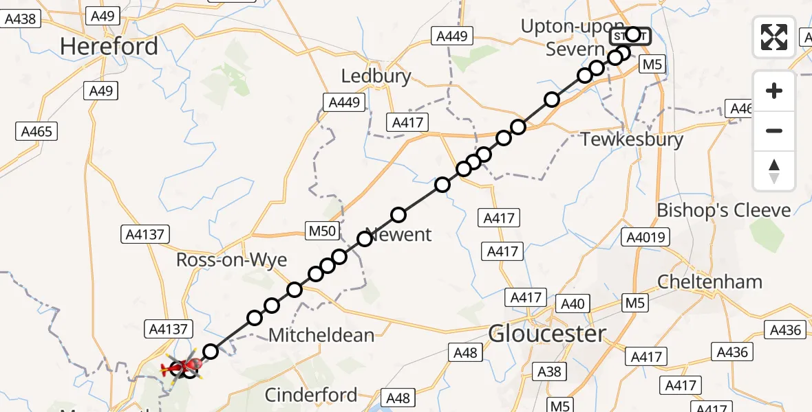 Flight route Air Ambulance Helicopter Hill Croome - Symonds Yat West, 11 May 2026, 09:55