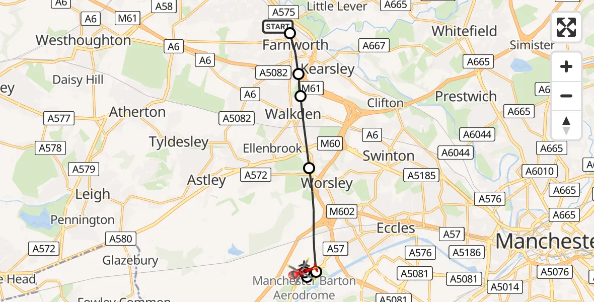 Flight route Air Ambulance Helicopter Farnworth - Manchester Barton Aerodrome, 11 May 2026, 10:08