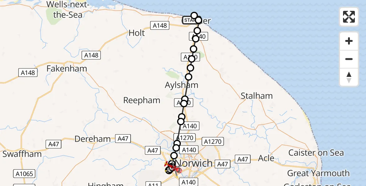 Flight route Air Ambulance Helicopter Cromer - Norfolk & Norwich Hospital, 11 May 2026, 10:08