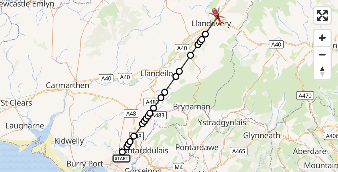 Flight route Air Ambulance Helicopter Dafen - Llandovery, 11 May 2026, 10:10