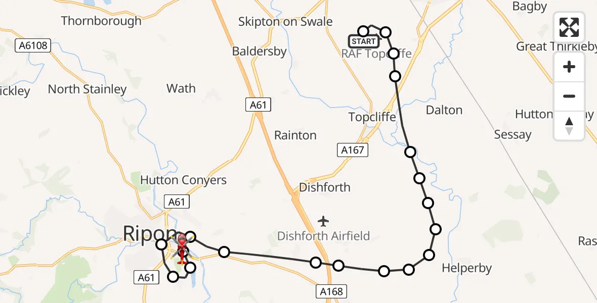 Flight route Air Ambulance Helicopter RAF Topcliffe - Ripon, 11 May 2026, 10:14