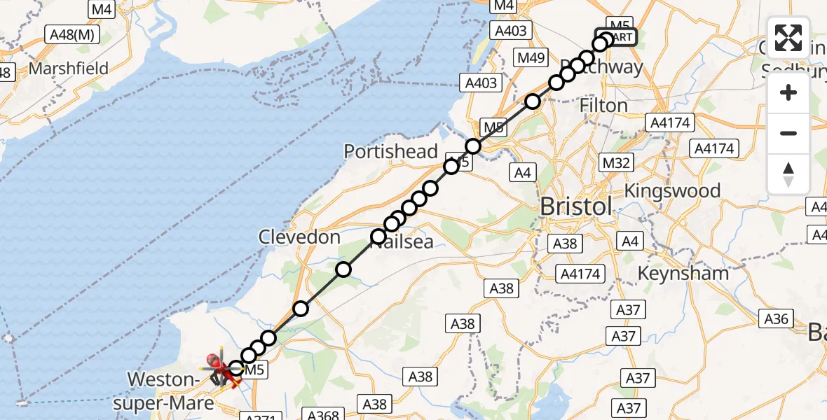 Flight route Air Ambulance Helicopter Almondsbury Helicopter Base - Weston-super-Mare, 11 May 2026, 10:23