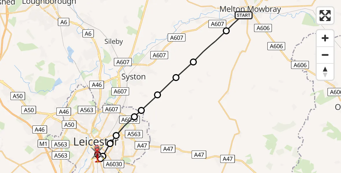 Flight route Air Ambulance Helicopter Sysonby - Bede Island, 11 May 2026, 10:40
