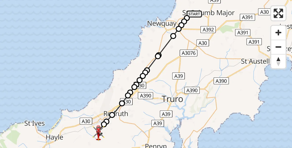 Flight route Air Ambulance Helicopter Cornwall Airport Newquay - Camborne, 11 May 2026, 10:42