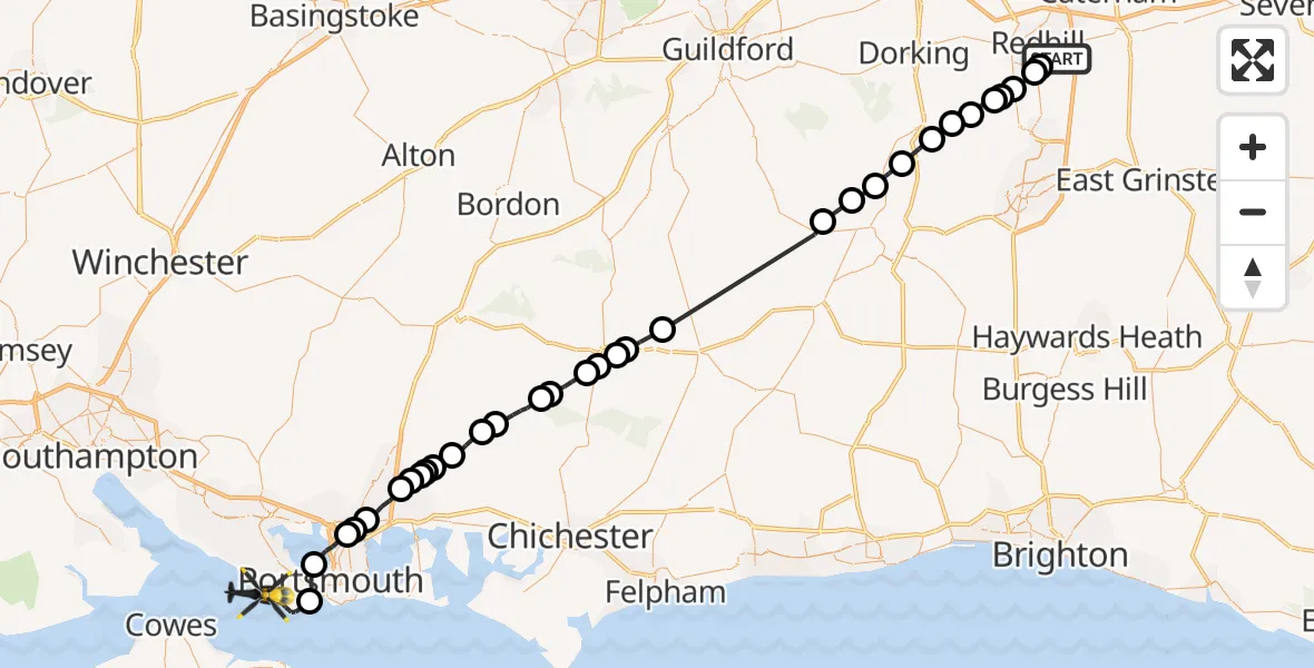 Flight route Police Helicopter South Nutfield - Gosport, 11 May 2026, 10:43