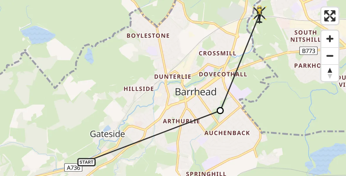 Flight route Police Helicopter Neilston - Glasgow, 11 May 2026, 10:52