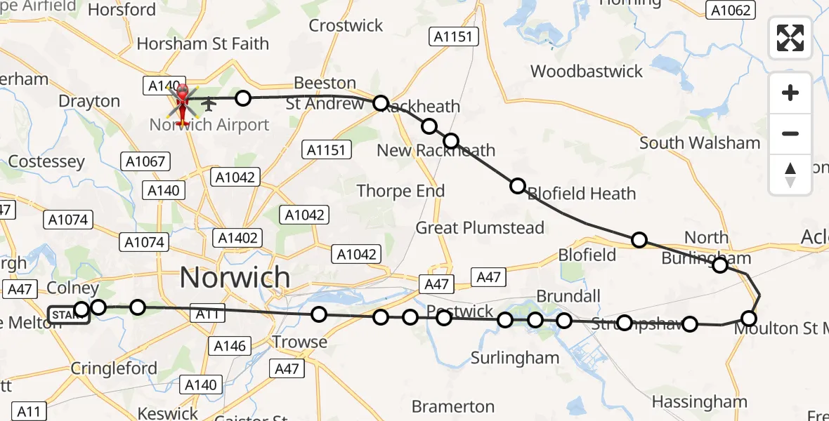 Flight route Air Ambulance Helicopter Norfolk & Norwich Hospital - Norwich Airport, 11 May 2026, 11:01