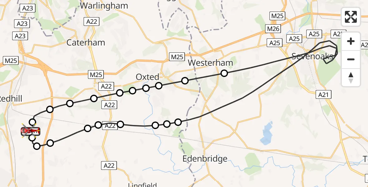 Flight route Air Ambulance Helicopter Redhill Aerodrome - Redhill Aerodrome, 11 May 2026, 11:05