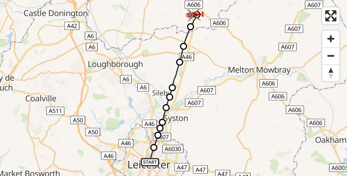 Flight route Air Ambulance Helicopter St Matthew's - Nottingham Heliport, 11 May 2026, 11:12