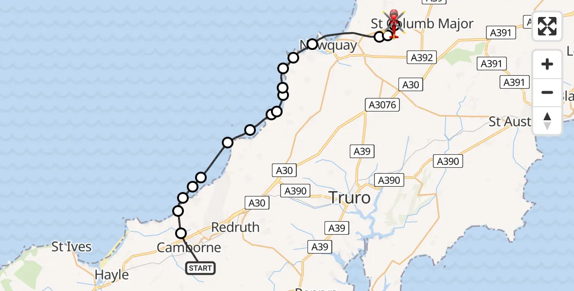 Flight route Air Ambulance Helicopter Camborne - Cornwall Airport Newquay, 11 May 2026, 11:15