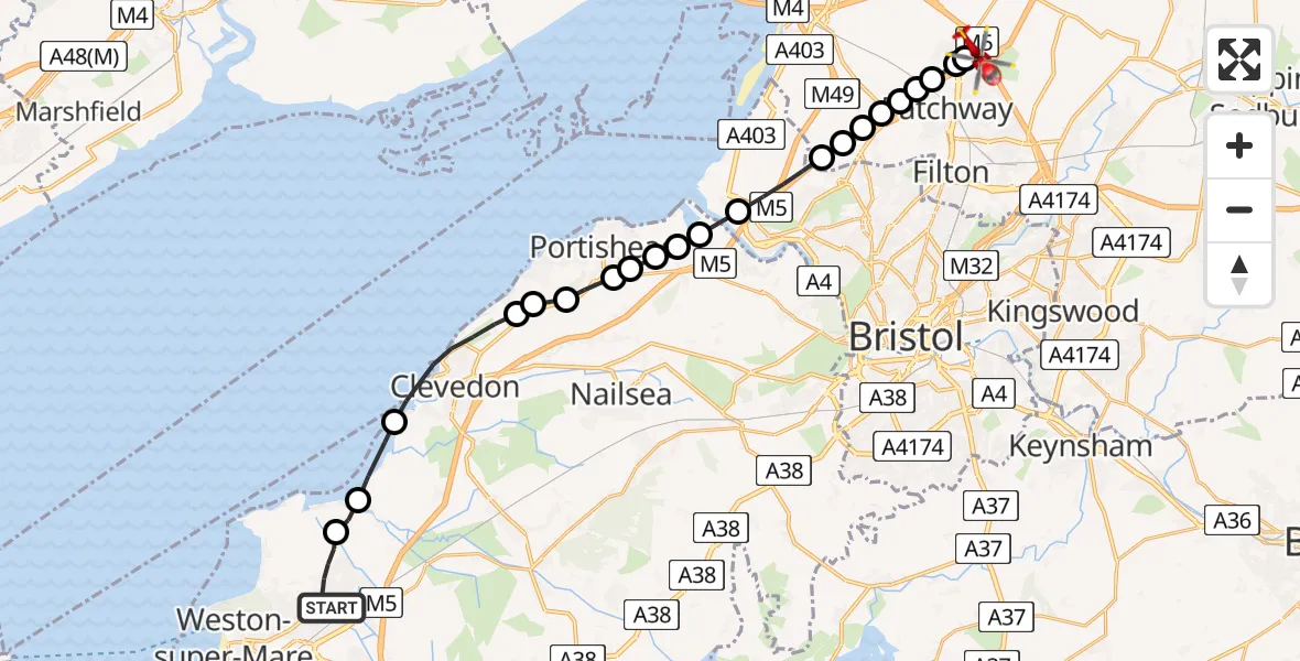 Flight route Air Ambulance Helicopter Weston-super-Mare - Almondsbury Helicopter Base, 11 May 2026, 11:16